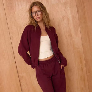 Custom Womens Burgundy Tracksuit Full Zip Jacket Jogger <b>Set</b> Cotton <b>Velvet</b> Short Casual Activewear <b>Loungewear</b> Matching Outfit <b>Set</b> - Product Image 2