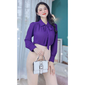 1 pieza/bolsa de polietileno, hecho en Vietnam, camisa de manga larga para mujer con lazo y botones forrados en tela, top informal de oficina de color liso. - Product Image 6