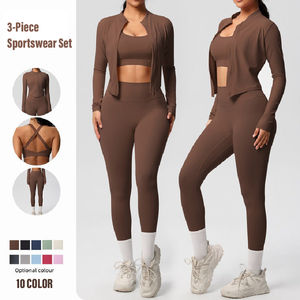 Hot Women's Lightweight 3-Piece Breathable Activewear Set Custom Logo Zipper Jacket <b>Crop</b> Top Yoga <b>Leggings</b> Solid Gym Sportswear - Product Image 1