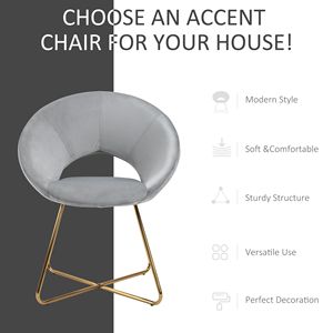 Poltrona in Velluto Grigio con Schienale Curvo Aperto, Design a Schienale Medio, Sedia Imbottita per Vanità con Gambe in Metallo Placcato Oro - Product Image 4