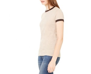 Camiseta Corta Beige con Cuello en V para Mujer, Estilo Urbano, con Ribete Marrón, Corte Holgado, Manga Corta, Informal, 100% Algodón, Transpirable, para Verano - Product Image 2