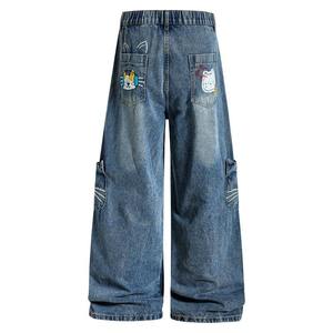 Pantalon crayon taille haute à jambes larges avec patchs motif dessin animé, coupe ample, longueur mollet, en jean imperméable et à séchage rapide, style urbain pour femme - Product Image 3