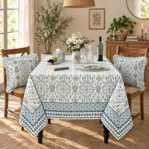 Ridhi Customizable Modern Hand Block Printed Eco-Friendly <b>Tablecloth</b> Light Blue <b>White</b> Floral Geometric Pattern Dining Reusable - Product Image 2
