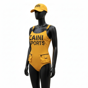 Maillot de bain une pièce pour femme en nylon et élasthanne extensible, couleur moutarde, avec empiècements à poches utilitaires et logo personnalisé sérigraphié - Product Image 4