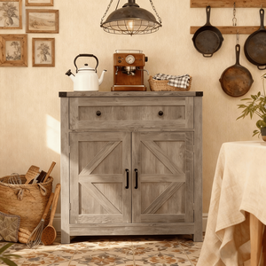 Mobiletto/Credenza Grigio Chiaro in Legno Lavato Stile Rustico con Ante Scorrevoli, Cassetto e Bar Caffè per Cucina e Soggiorno - Product Image 1