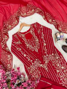 Women's Red Embroidered Silk <b>Kurta</b> Set Floor-Length Traditional <b>Indian</b> Pakistani Wedding Wear Regular Fit - Product Image 6