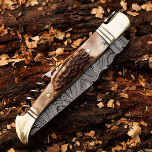 Couteau de poche multifonctionnel de style Laguiole en acier Damas artisanal de qualité supérieure, manche en corne de cerf, lame pliante, OEM ODM - Product Image 5