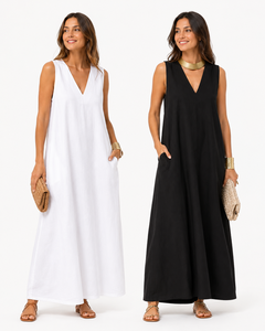 Custom OEM Women Plain <b>White</b> <b>Maxi</b> Dress Casual Sleeveless V Neck Long Sundress With Pockets High Quality Factory Supplier - Product Image 1