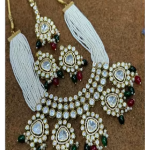 Traditional Gold Plated Elegant White <b>Pearl</b> Kundan <b>Necklace</b> <b>Set</b> Multi-Layered Pendant <b>Necklace</b> <b>Earrings</b> for Weddings Parties - Product Image 2