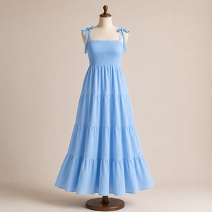 Vestido largo escalonado azul cielo para mujer |   Vestido Largo Casual Elegante de Verano para Playa, Estilo Boho, con Tirantes Ajustables y Escote Fruncido - Product Image 1