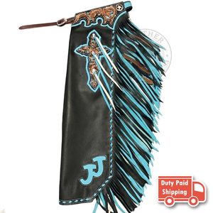 Chaps de Rodeo en Cuir Western pour Homme avec Franges Turquoise et Noires, Motif Croix Gravé à la Main et Broderie Personnalisée, pour l'Équitation Cowboy - Product Image 4