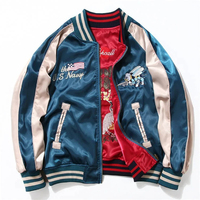 Veste Sukajan japonaise personnalisée pour l'hiver, en satin émeraude, broderie de dragon, coupe-vent, col montant, patchwork, style bomber