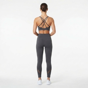 Women Mid Waist Solid Mesh Panel <b>Leggings</b> and Criss Cross Front Logo Sports Bra Two Piece Fitness <b>Activewear</b> Set - Product Image 3
