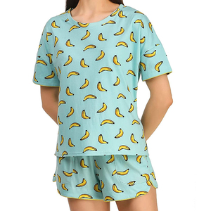 Conjunto de 2 piezas de pantalones cortos para mujer, color azul claro, estampado de plátanos, algodón, corte holgado, informal, primavera, verano, cuello redondo, manga corta - Product Image 3