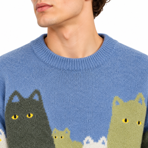 Pull en tricot surdimensionné pour homme, motif chat bleu vert, imprimé animal cartoon, col rond - Product Image 6