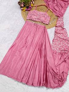 ชุดเซ็ตเสื้อครอปปักลายดีไซน์เนอร์สีชมพู สไตล์เลเฮนกา ซารี สำหรับผู้หญิง ชุดหรูหราสำหรับงานปาร์ตี้ งานแต่งงาน ชุดพื้นเมือง - Product Image 3
