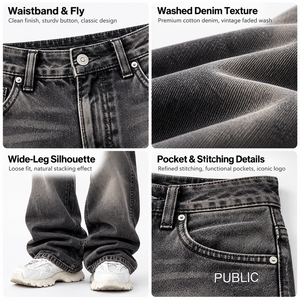 Custom <b>Men</b> Vintage Faded Wash Baggy Denim <b>Jeans</b> 100% Cotton <b>Relaxed</b> Wide Leg Streetwear Stacked Denim Pants with Embroidery Logo - Product Image 3