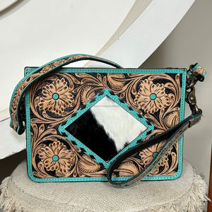 Hand-Tooled Genuine Leather Western Style Small <b>Crossbody</b> Shoulder <b>Bag</b> for Women Luxury Natural Cowhide Square Wristlet Handbags - Product Image 4