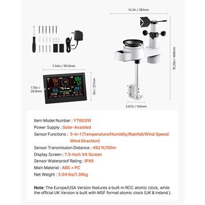 Stazione Meteo Smart Wireless 5-in-1 con Display VA da 7,5 Pollici, Alimentazione Solare, Sensore Esterno, Pluviometro per Interni ed Esterni - Product Image 3
