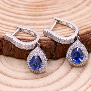 Wholesale 18k White Gold Natural Pear Blue Sapphire Diamond Double <b>Halo</b> Huggie Drop <b>Earrings</b> Memoria Jewels - Product Image 2