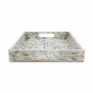 Plateau de service rectangulaire de luxe en nacre avec poignées, motif feuille mosaïque fait main, incrustation MOP, plateau décoratif en bois - Product Image 1