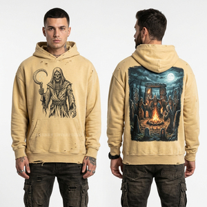 Sweat à capuche zippé vert olive personnalisé pour homme, avec imprimé graphique squelette de monastère antique, style streetwear, en polaire, effet délavé vintage, du fabricant - Product Image 6