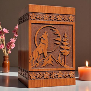 Handmade Wolf & Tree Engraved Wooden Urn: Rustic Cremation Box <b>Memorial</b> <b>Keepsake</b> by AYAANS - Product Image 1