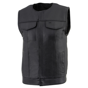 <b>Men's</b> <b>Black</b> Genuine Leather Moto <b>Vest</b> O-Neck Zipper Front Pockets Biker Waistcoat Outerwear Modern Casual Wholesale Supplier - Product Image 3
