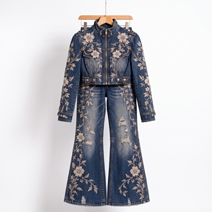 <b>Womens</b> Floral Embroidered <b>Dark</b> <b>Blue</b> Denim Two Piece Set Distressed Cropped Jacket Wide Leg Flare <b>Jeans</b> Luxury Streetwear - Product Image 6