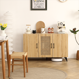 Armadio a Tre Ante in Rattan Naturale con Ampio Spazio di Archiviazione, Struttura Durevole e Stabile, Unità di Stoccaggio per Cucina - Product Image 2