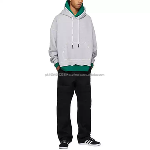 Custom High Street French Terry Hoodies Loose Fit Sweatshirts Pullover Double Layer Hoodie With <b>Raw</b> Edges and Pockets - Product Image 3