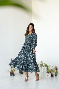 Robe midi à imprimé floral, col bijou, manches 3/4, coupe évasée, tissée, décontractée, pour femme, respirante, coupe ample, avec poches - Product Image 4