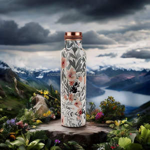 Botella de agua de cobre hecha a mano con diseño impreso en esmalte trabajo floral que muestra creatividad artística en patrones vibrantes - Product Image 6