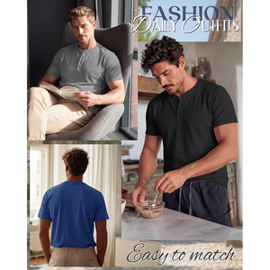 <b>Men's</b> Solid Color Short Sleeve Henley <b>T</b>-<b>Shirt</b> Regular Fit Casual Knitted Plain Dyed Top <b>V</b>-<b>Neck</b> Design - Product Image 5