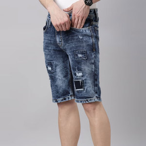 Men's Blue Denim Shorts High Waist Straight Leg Ripped Distressed Casual Streetwear Summer Wear Pockets Breathable Cotton Fabric - Product Image 2