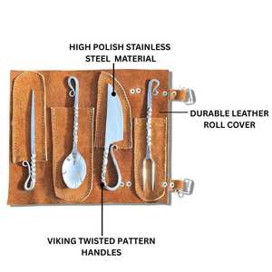 Ensemble de couverts vikings forgés à la main – Service de table médiéval 5 pièces avec couteau, cuillère, fourchette et pique à viande, cadeau, coupe-pizza viking, hache - Product Image 3