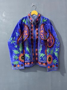 Royal Blue Embroidered Velvet <b>Jacket</b> Heritage Kashmiri Paisley & Floral Kashmiri Aari Work Winter Coat - Product Image 3