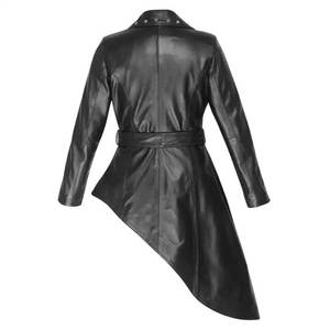 <b>Men's</b> Black Genuine <b>Leather</b> Vintage <b>Long</b> Trench <b>Coat</b> Belt Asymmetric Hem Turn-down Collar Moto Biker Style Slim Fit Spring Wear - Product Image 1
