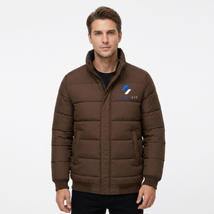 Men's Brown Puffer <b>Jacket</b> Stand Collar Zipper Closure Windproof Insulated Casual Winter 100% Polyester Material - Product Image 3