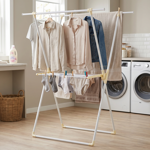 Household Storage Furniture Foldable Adjustable X-Type Double-Bar Laundry <b>Clothes</b> Drying <b>Rack</b> Wardrobe Compatibility Steel Tube - Product Image 1