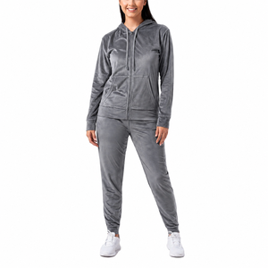 Ensemble sweat à capuche zippé uni et jogging pour femme, en polyester doux, vêtements de sport en gros - Product Image 1