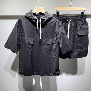 <b>Men</b> Hooded Short Sleeve <b>Shirt</b> Jacket Solid Color Polyester Casual <b>Winter</b> Wear Breathable Loose Fit Front Pocket Design - Product Image 3