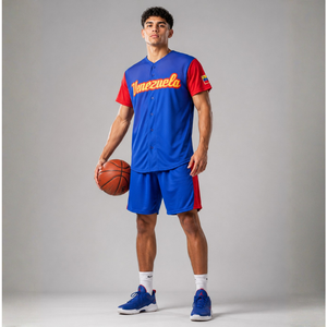 Ensemble de maillot de basket-ball du Venezuela pour hommes, bleu et rouge, manches courtes, uniforme de supporter, short, nom et numéro personnalisés, patriotique - Product Image 1