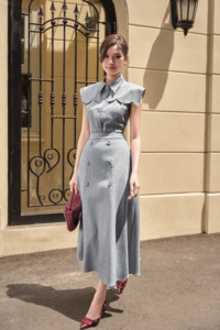 Falda Midi de Cintura Alta para Mujer, Corte en A, Color Gris Sólido, Botones al Frente, Estilo Elegante para Oficina, Tejido de Poliéster, MELA - Product Image 3