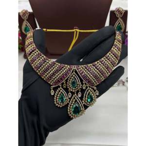 Indian Ethnic <b>Artificial</b> Palak Victorian Necklace Set-Gold Plated CZ Bridal & Festival Jewelry - Product Image 3
