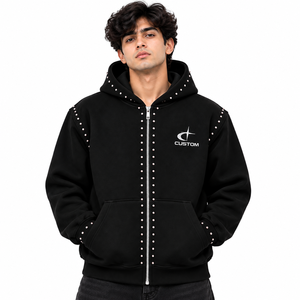 Rhinestone Embroidered Custom Zip up Hoodie Men 100% Cotton Boxy Oversized Studded <b>Y2K</b> <b>Streetwear</b> Hoodies OEM - Product Image 1
