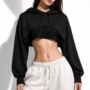 เสื้อฮู้ดครอปสำหรับผู้หญิง ผ้าคอตตอนผสมน้ำหนักเบา แขนยาว สวมใส่สบาย มีสไตล์ เหมาะสำหรับออกกำลังกาย โยคะ หรือใส่เดินทาง - Product Image 1