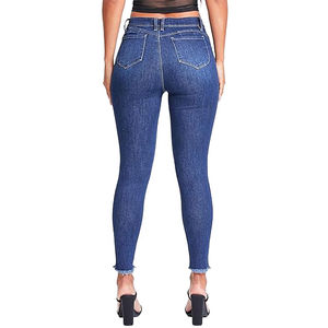 Pantalon en jean taille haute pour femme, coupe droite, style streetwear, décoration boutons brillants, mélange polyester/coton, idéal pour les soirées de luxe - Product Image 3
