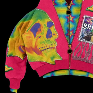 Unisex <b>Tie</b>-Dye Hooded Sweatshirt With Skull Print Rhinestone Applique Streetwear Fleece Zip-Up Oversized Fit - Product Image 6