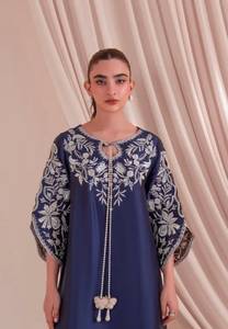 White Floral Pattern Navy Blue Embroidered <b>Kaftan</b> Dress Bell Sleeves Women Floor Length Loose Fit Party Indian Pakistani Dress - Product Image 2